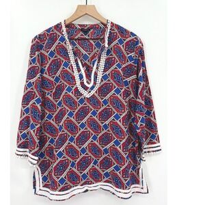 Talbots Shirt Womens Large Red Blue Paisley Preppy Nautical 3/4‎ Sleeve Cotton